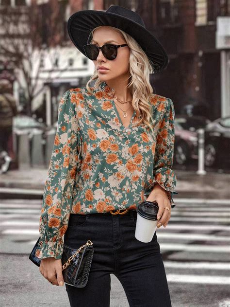 Shein Clasi Floral Print Notched Neckline Flare Sleeve Blouse Shein Usa