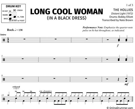 Long Cool Woman in a Black Dress - The Hollies - Drum Sheet Music ...