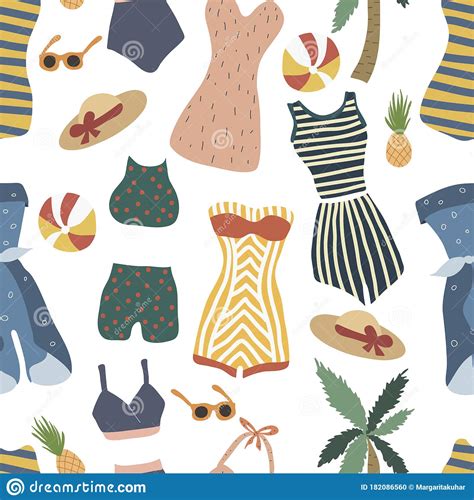 Summer Seamless Pattern With Lingerie And Swimsuit Retro Collection Swimsuit Bikini Hat
