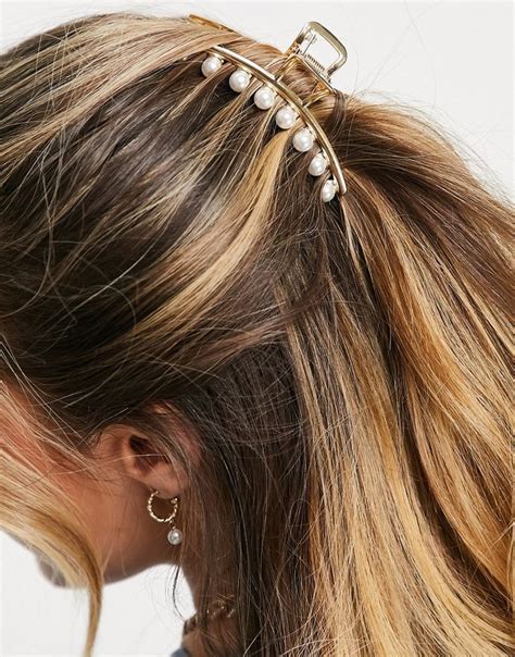 Asos Design Hair Claw Clip With Faux Pearls In Gold Tone Brown Hair