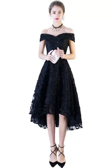 Black Lace Off Shoulder Prom Party Dress High Low 79 Bls86098