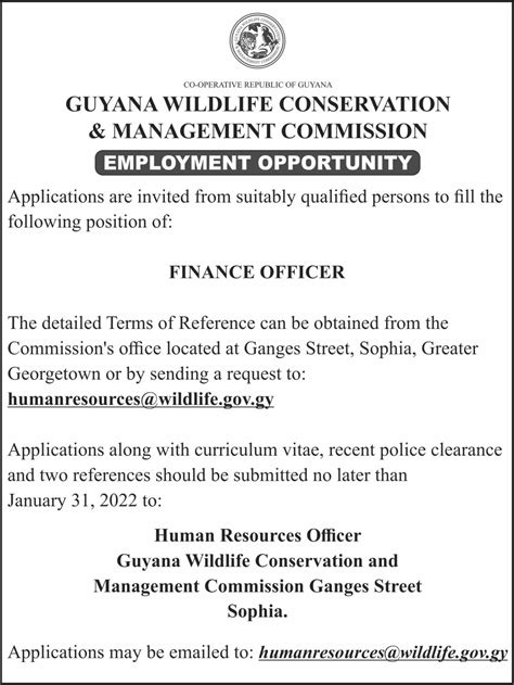 Guyana Wildlife Conservation & Management Commission – Employment Opportunity; Finance Officer ...