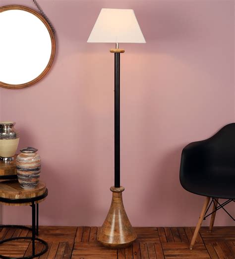 Buy Caen White Cotton Shade Club Floor Lamp With Wood Metal Base By