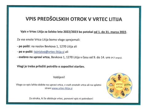 RAZPIS za VPIS v vrtec za novo šolsko leto Vrtec Litija