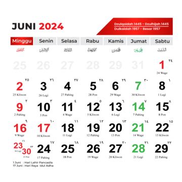 Vektor Kalender Juni 2024 Lengkap Dengan Tanggal Merah Hari Libur