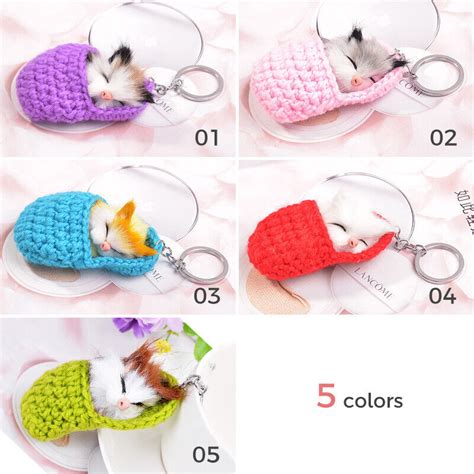 Cute Sleeping Cat Pompom Keychains Rings Car Fluffy Chains Key Kitten