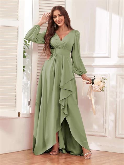 Julianna Modest V Neck Long Sleeves Ruffles Chiffon Bridesmaid Dresses в 2024 г Платья Идеи