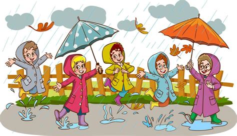 Smiling Little Kids Jumping In A Puddle In Rainy Day Vector