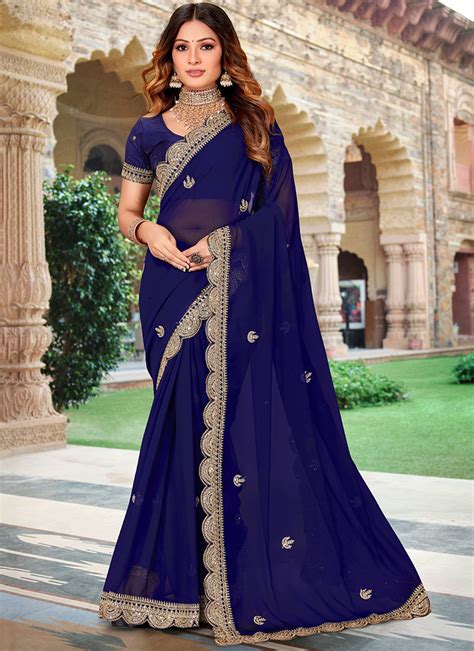 Buy Navy Blue Faux Georgette Embroidered Saree Party Wear Online At