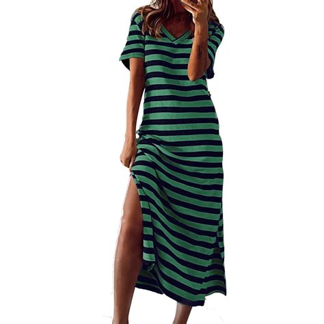 Weaiximiung Womens V Neck Straight Loose Striped Print Dress Summer Dresses For Women 2024 Midi