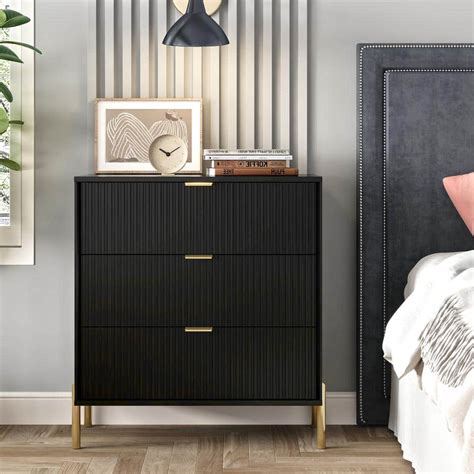 FESTIVO Modern Accent Black 3-Drawers 28 in. Wide Nightstand with Stylish Golden Metal Handle ...