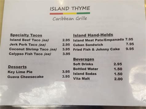 Menu at Virgin Island Thyme restaurant, Orlando