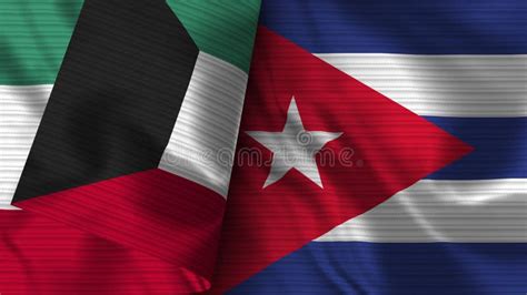 Cuba And Kuwait Realistic Flag Fabric Texture Illustration Stock