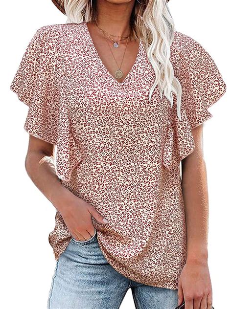 Lumento Women Summer Elegant Holiday Shirts Casual Short Sleeve Tops