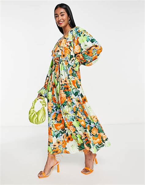 Asos Edition Oversize Maxikleid Mit Rüschen V Ausschnitt Und