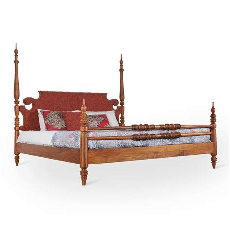 Maginoo King Size Teakwood Bed With Brick Red Fabric Alankaram