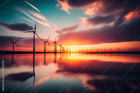 Ilustrace „offshore Wind Power Wind Turbines In Sea On Sunset Offshore Wind Farm Park Green