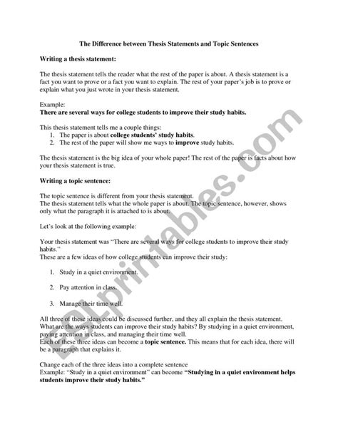 Thesis Statement Vs Topic Sentence Esl Worksheet By Claudiafernanda