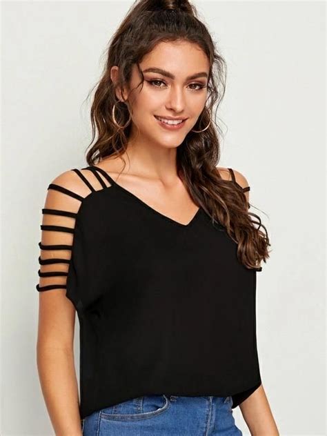 Women V Neck Laddering Cutout Shoulder Top S 4 Black Blusas