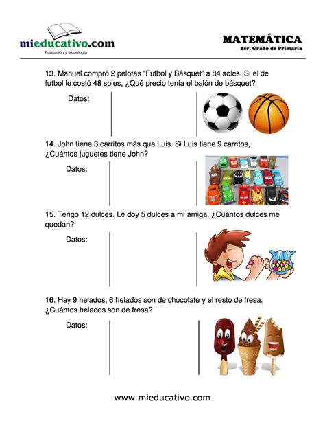 Problemas De Adiciones Y Sustracciones Primer Grado De Primaria