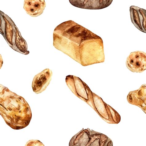 Premium Vector Variety Bread Watercolor Seamless Pattern Isolated On