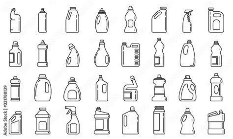 Bleach bottle icons set. Outline set of bleach bottle vector icons for ...