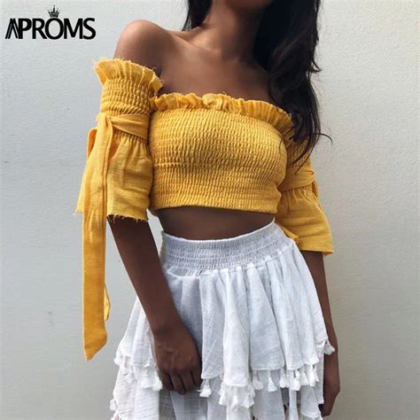 Aproms Yellow Chiffon Tank Tops Women Off Shoulder Fashion Ruched