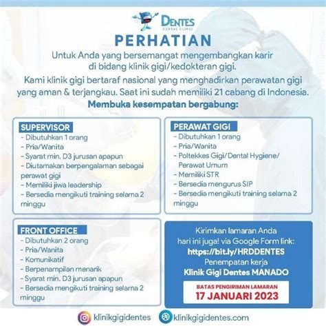 Lowongan Kerja Supervisor Perawat Gigi Front Office Dokter Gigi