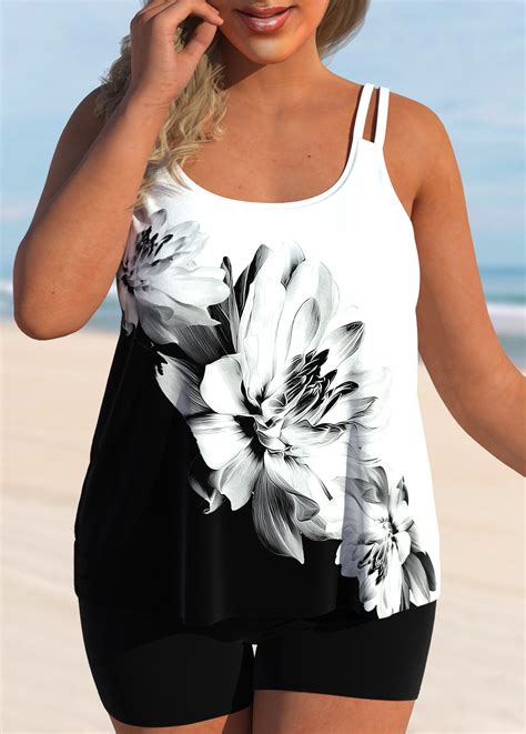 ROTITA Plus Size High Waisted Patchwork Floral Print Tankini Set