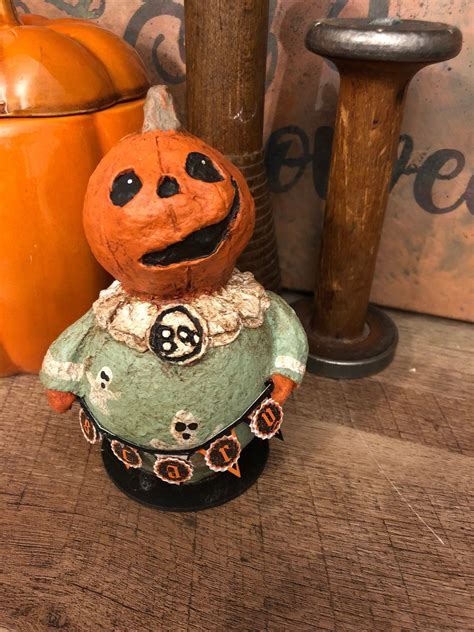 Halloween Pumpkin Folk Art Shelf Sitter In A Super Sweet Vintage Style