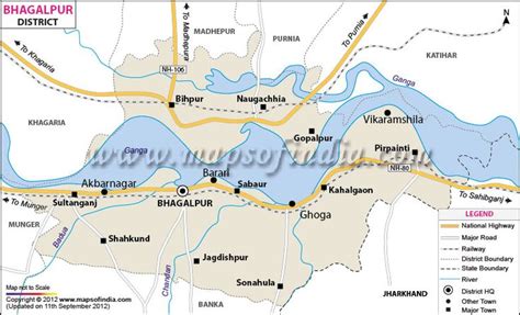 District Map of Bhagalpur, showing major roads, district boundaries, headquarters, rivers and ...