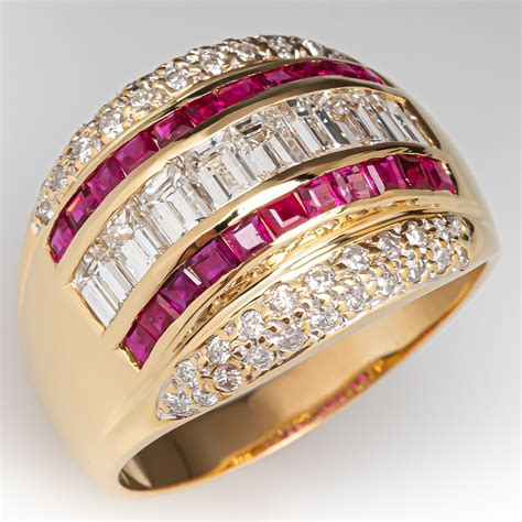 Lovely Ruby And Diamond Wide Band Ring 18k Yellow Gold