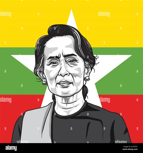 Aung San Suu Kyi On Myanmar Flag Background Portrait Illustration