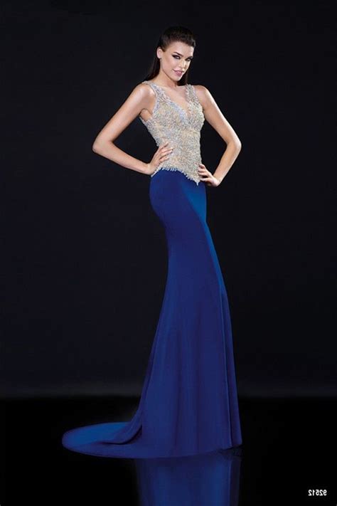 Gorgeous V Neck Sleeveless Illusion Back Royal Blue Satin Tulle Beaded