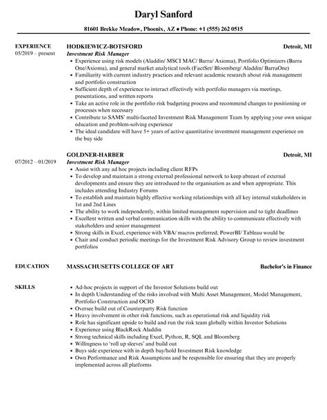 Investment Risk Manager Resume Samples Velvet Jobs