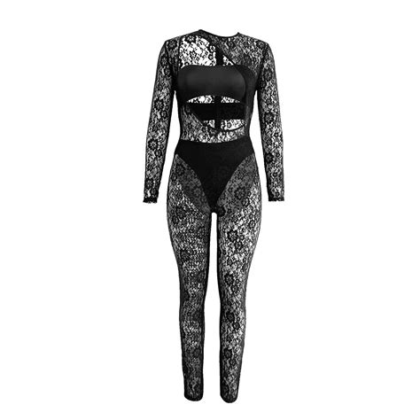 New Fashion Nightclub Style Sexy Thin Black Lace Jumpsuit Hollow Out