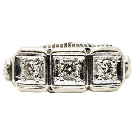 Floral Art Deco Three Stone Diamond Filigree Ring In 14K White Gold For