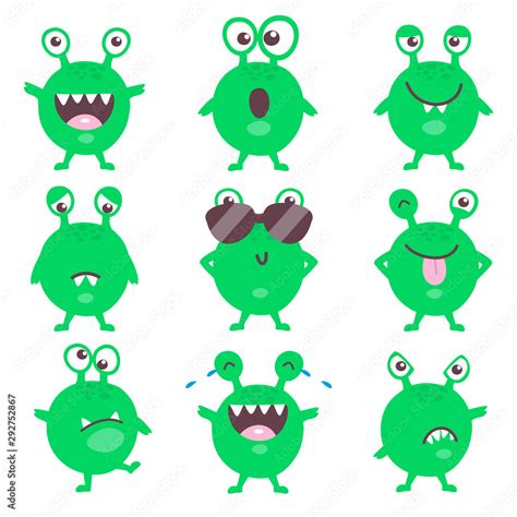 Set Of Cute Cartoon Green Monster Emotions Funny Emoticons Emojis