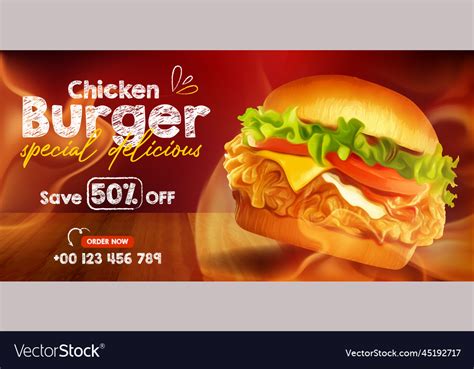 Delicious Spicy Fried Chicken Burger Ads Vector Image