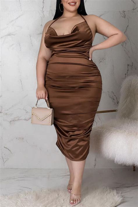 Coffee Sexy Solid Patchwork Backless Fold Halter One Step Skirt Plus Size Dressesplus Size