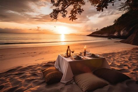 Premium Photo A Romantic Dinner On The Beach At Sunset