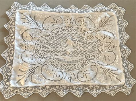 Antique Figural Bobbin Lace Pillow Sham With Filet Lace Hand Made