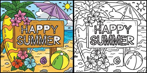 Happy Summer Coloring Page Colored Illustration 27584258 Vector Art At