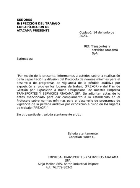 Carta Conductora Prexor Se Ores Inspecci N Del Trabajo Copiap Region