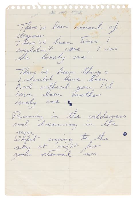 Dave Mason Handwritten Song Lyrics for 'The Lonely One' | RR