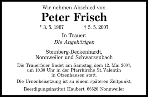 Traueranzeigen Von Peter Frisch Saarbruecker Zeitung Trauer De