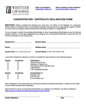 Fillable Online Law Whittier Concentration Certificate Declaration