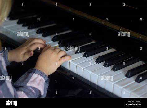 Little Girl Play Pianokids Hands On Piano Keyboard Close Up