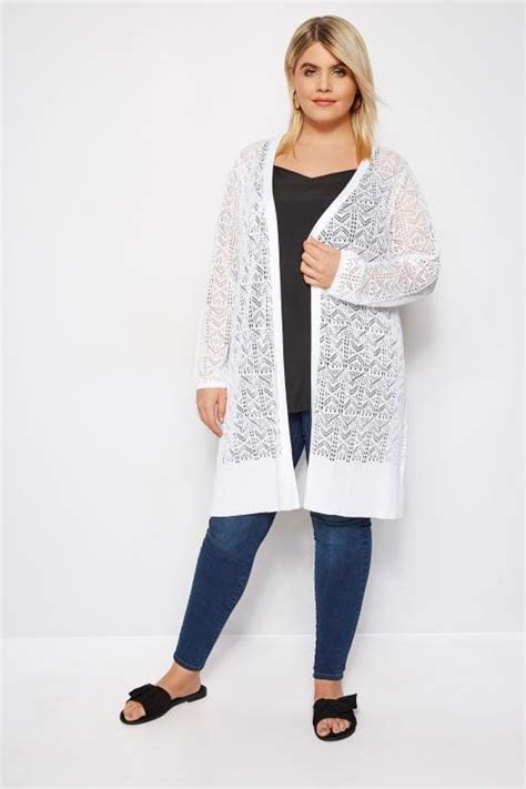 White Crochet Effect Longline Cardigan Plus Size 16 To 36 Yours Clothing