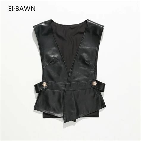 Ei Bawn Genuine Leather Vests Women Black Pullover V Neck Korean Style